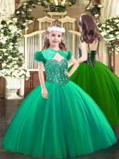 Cute Sleeveless Floor Length Beading Lace Up Pageant Dress with Turquoise
