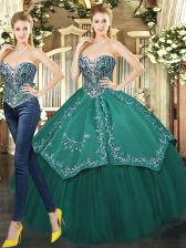  Dark Green Ball Gowns Beading and Appliques Ball Gown Prom Dress Lace Up Tulle Sleeveless Floor Length