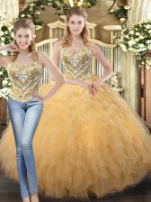 Captivating Tulle Sweetheart Sleeveless Lace Up Beading and Ruffles Quinceanera Gown in Champagne