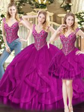  Fuchsia Organza Lace Up Sweet 16 Dresses Sleeveless Floor Length Beading and Ruffles