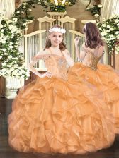  Orange Organza Lace Up Off The Shoulder Sleeveless Floor Length Pageant Dress for Womens Beading and Ruffles