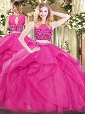  Hot Pink Two Pieces Tulle Scoop Sleeveless Beading and Ruffles Floor Length Zipper Sweet 16 Quinceanera Dress