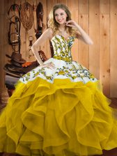 Glittering Sweetheart Sleeveless Quinceanera Dresses Floor Length Embroidery and Ruffles Yellow Satin and Organza