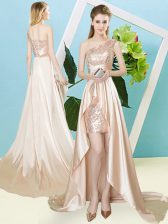 Sweet Champagne Empire One Shoulder Sleeveless Elastic Woven Satin and Sequined High Low Lace Up Sequins Prom Dress