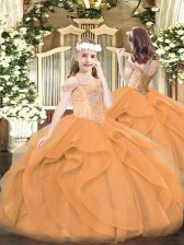  Sleeveless Floor Length Beading and Ruffles Lace Up Girls Pageant Dresses with Orange
