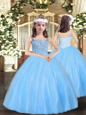 Excellent Floor Length Lace Up Child Pageant Dress Baby Blue for Party and Sweet 16 and Quinceanera and Wedding Party with Beading
