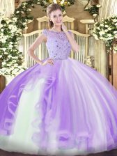 Glorious Lavender Tulle Zipper Bateau Sleeveless Floor Length Sweet 16 Quinceanera Dress Beading and Ruffles