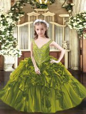 Beauteous Olive Green V-neck Neckline Beading and Ruffles Kids Formal Wear Sleeveless Lace Up