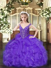 Custom Fit Lavender Ball Gowns V-neck Sleeveless Organza Floor Length Lace Up Beading and Ruffles Pageant Dress for Girls