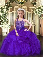  Purple Organza Lace Up Straps Sleeveless Floor Length Girls Pageant Dresses Beading and Ruffles