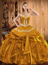 Fabulous Gold Sweetheart Neckline Embroidery and Ruffles Sweet 16 Dress Sleeveless Lace Up