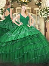 Cheap Floor Length Green 15th Birthday Dress V-neck Sleeveless Zipper