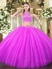 Top Selling Two Pieces 15 Quinceanera Dress Lilac High-neck Tulle Sleeveless Floor Length Backless