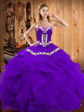 Glorious Purple Lace Up Quinceanera Dress Embroidery and Ruffles Sleeveless Floor Length