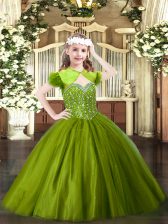  Olive Green Sleeveless Floor Length Beading Lace Up Little Girl Pageant Dress