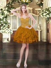  Sleeveless Mini Length Beading and Ruffles Lace Up Prom Party Dress with Brown