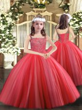 Latest Coral Red Tulle Lace Up Straps Sleeveless Floor Length Little Girl Pageant Gowns Beading