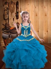 Beauteous Organza Straps Sleeveless Lace Up Embroidery and Ruffles Little Girl Pageant Dress in Blue