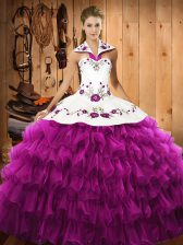  Floor Length Fuchsia Sweet 16 Quinceanera Dress Satin and Organza Sleeveless Embroidery and Ruffled Layers