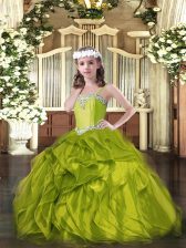  Olive Green Sleeveless Beading and Ruffles Floor Length Little Girls Pageant Gowns
