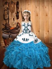  Blue Organza Lace Up Straps Sleeveless Floor Length Pageant Dress for Teens Embroidery and Ruffles