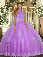 Sumptuous Lilac Backless Halter Top Beading and Appliques Ball Gown Prom Dress Tulle Sleeveless