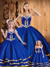 Inexpensive Sleeveless Tulle Floor Length Lace Up Ball Gown Prom Dress in Blue with Embroidery