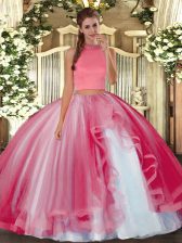 Vintage Halter Top Sleeveless Tulle Quinceanera Dress Beading and Ruffles Backless