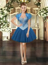 Cheap Sleeveless Mini Length Beading Lace Up Prom Gown with Royal Blue