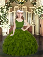 Pretty Olive Green Organza Zipper Little Girls Pageant Gowns Sleeveless Floor Length Beading and Ruffles