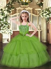 Nice Green Little Girls Pageant Gowns Party and Quinceanera with Beading and Ruffled Layers Straps Sleeveless Lace Up