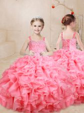  Watermelon Red Ball Gowns Straps Sleeveless Organza Floor Length Lace Up Beading and Ruffles Little Girls Pageant Dress Wholesale