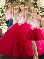  Floor Length Lace Up Quinceanera Gown Hot Pink for Military Ball and Sweet 16 and Quinceanera with Beading and Ruffles