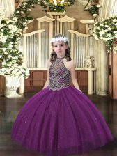  Sleeveless Floor Length Beading Lace Up Little Girls Pageant Dress with Dark Purple