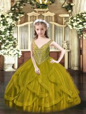  Floor Length Ball Gowns Sleeveless Olive Green Little Girls Pageant Gowns Lace Up