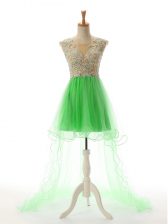 Artistic Green Sleeveless High Low Appliques Backless Dress for Prom