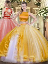 Amazing Gold Criss Cross High-neck Ruffles Ball Gown Prom Dress Tulle Sleeveless