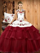  With Train Wine Red Quince Ball Gowns Satin and Organza Sweep Train Sleeveless Embroidery and Ruffled Layers