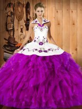 Flirting Fuchsia Halter Top Lace Up Embroidery and Ruffles Quince Ball Gowns Sleeveless