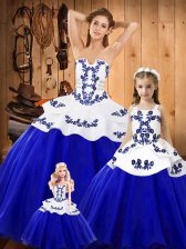  Blue Ball Gowns Embroidery Quinceanera Gown Lace Up Tulle Sleeveless Floor Length