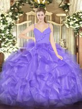  Floor Length Lavender 15th Birthday Dress Organza Sleeveless Ruffles