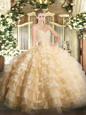 Dynamic Champagne Organza Lace Up Quinceanera Dress Sleeveless Floor Length Beading and Ruffled Layers
