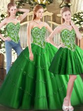 Chic Green Tulle Lace Up Sweetheart Sleeveless Floor Length Quince Ball Gowns Beading