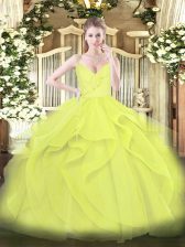  Yellow Green and Yellow Ball Gowns Ruffles and Ruching Quinceanera Gown Zipper Tulle Sleeveless Floor Length