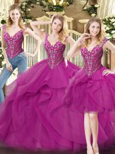 Clearance Floor Length Fuchsia Quinceanera Gowns Organza Sleeveless Beading and Ruffles