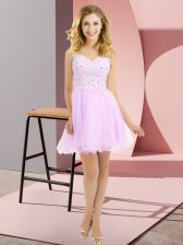  Lilac Empire V-neck Sleeveless Tulle Mini Length Side Zipper Beading and Lace Dama Dress