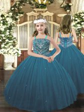 Customized Tulle Straps Sleeveless Lace Up Beading Little Girl Pageant Dress in Teal 