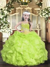  Straps Sleeveless Pageant Dress Womens Floor Length Beading Yellow Green Organza