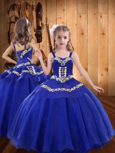  Royal Blue Organza Lace Up Straps Sleeveless Floor Length Little Girl Pageant Dress Embroidery