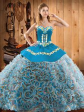  Multi-color Satin and Fabric With Rolling Flowers Lace Up Sweetheart Sleeveless With Train Quince Ball Gowns Sweep Train Embroidery